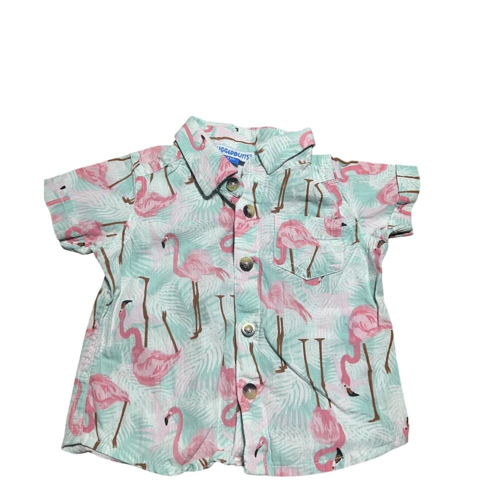 Rugged butts short sleeve button down vibrant pink flamingo and green palm leaf